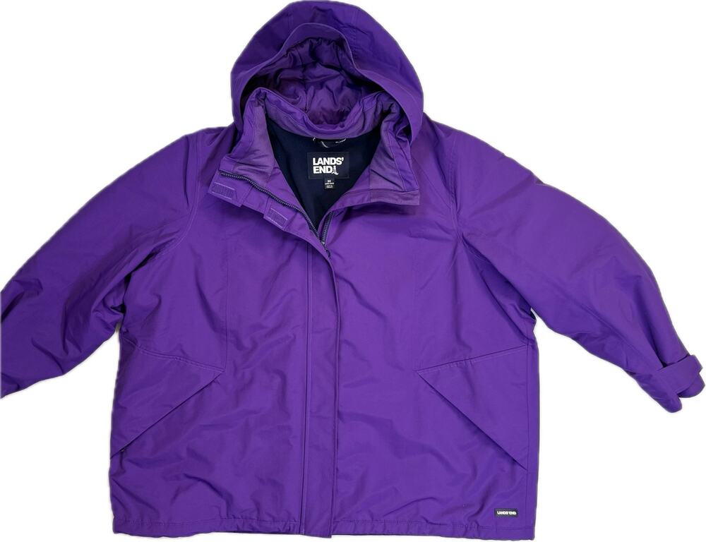 LANDS END Sz 3X Fleece Lined Jacket Coat Wind Waterproof Mid Length Hooded